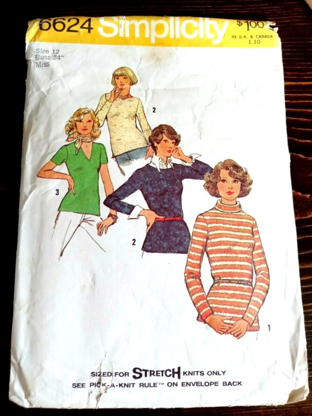 Vintage 1970s Simplicity 6624 Long Sleeve Knit Tops Miss Size 12 Sewing Pattern